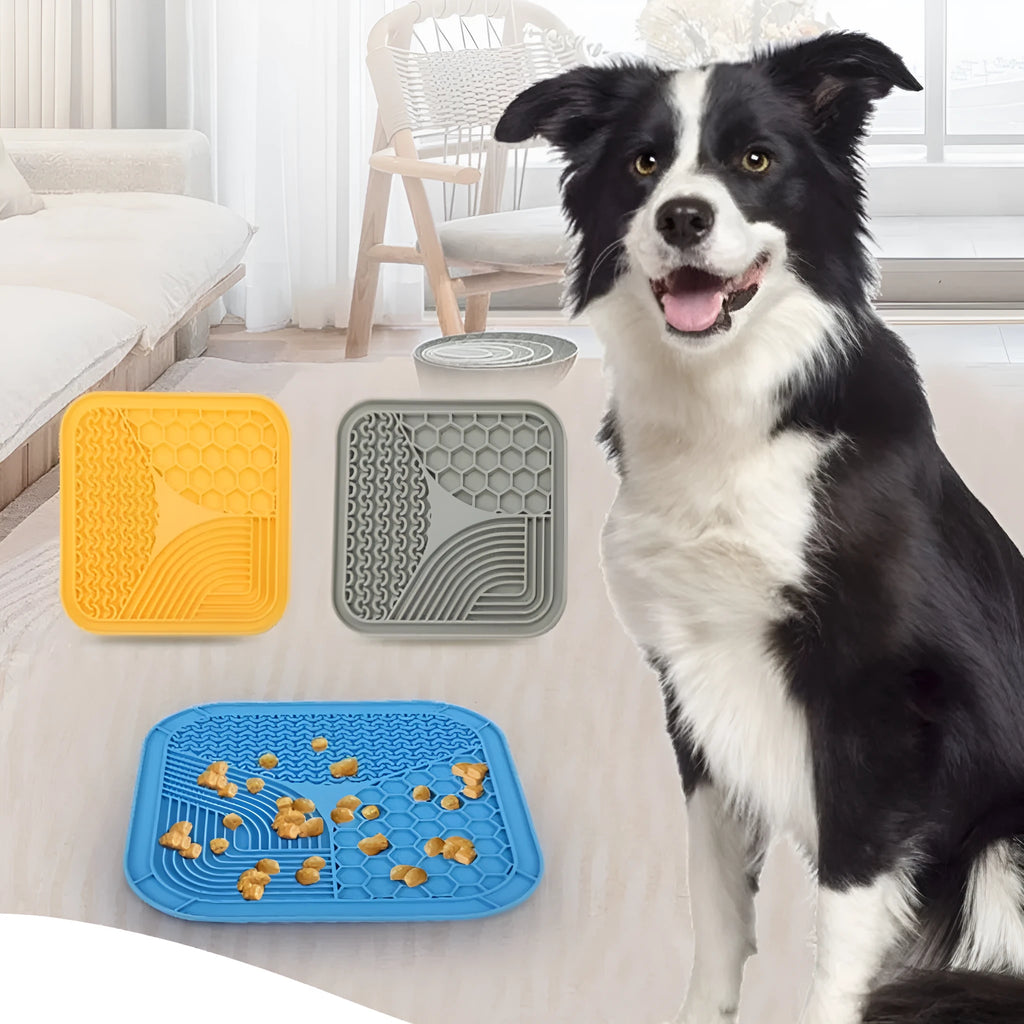 Silicone dog licking pad anti-choke slow feeder in large 20.8cm or small 15cm size, grey blue or yellow