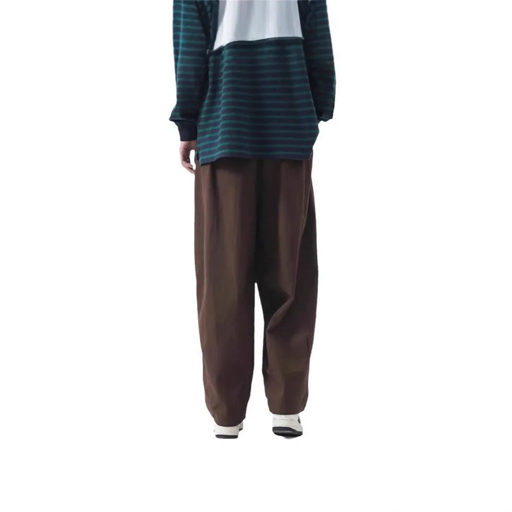 Cotton men's loose wide leg drawstring trousers in black and brown straight leg style with mid waist