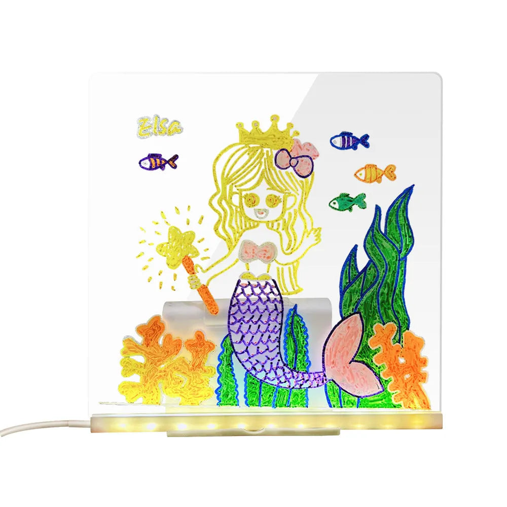 Reusable LED drawing board with transparent acrylic surface, adjustable stand, USB light, and pen in four sizes