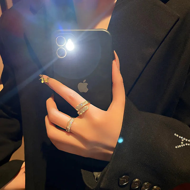 Gold electroplated diamond-embedded open ring for women with geometric alloy band