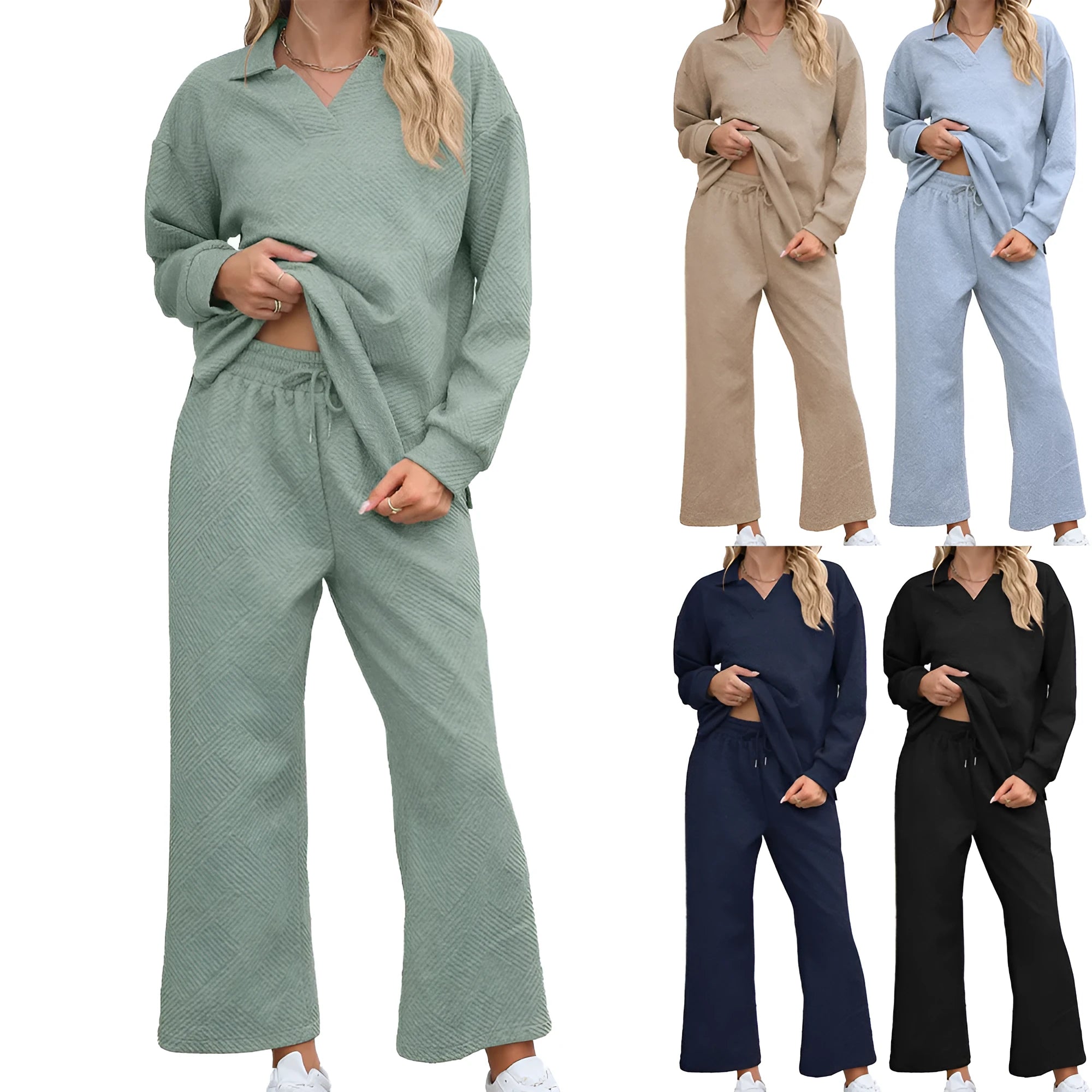 Women's solid colour knitted lapel top and elastic waist cropped trouser suit set laid flat.