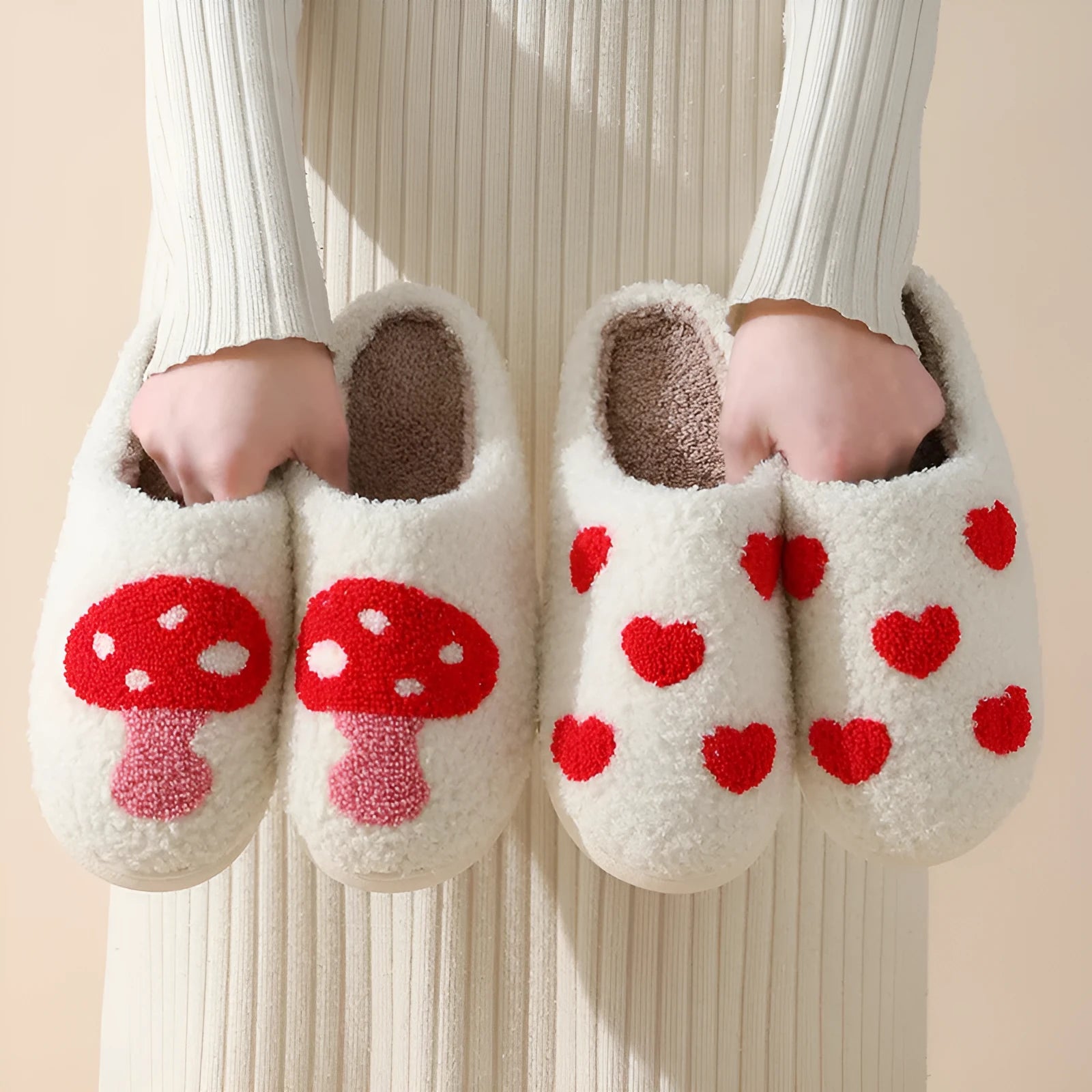 Women's plush home slipper with cartoon graphic print and non-slip PVC sole.