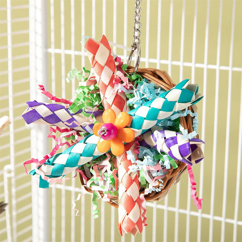 Natural wooden bird chew toy with cotton rope elements for parrots and small birds