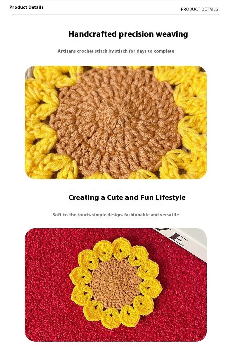 Hand-woven wool flower coaster set showing textured surface and floral pattern