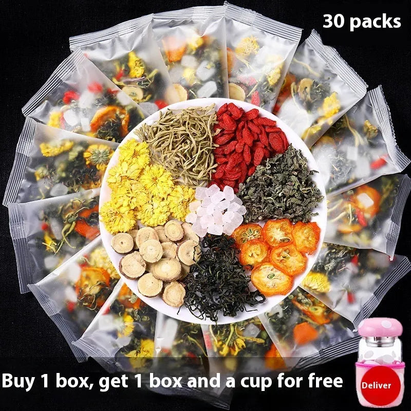 Box of Honeysuckle Chrysanthemum Tea sachets with a free tea cup, showing bulk packaging options.