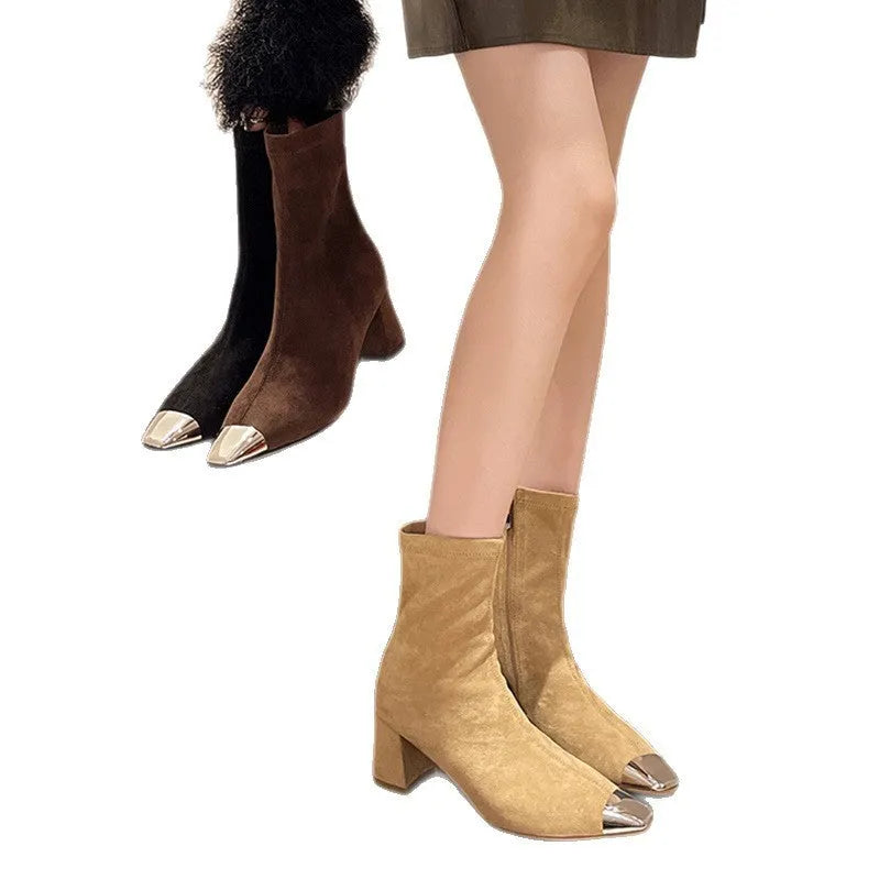 Women's square toe chunky heel boots in matte cowhide leather, mid heel 3-5CM, side zipper, black colour