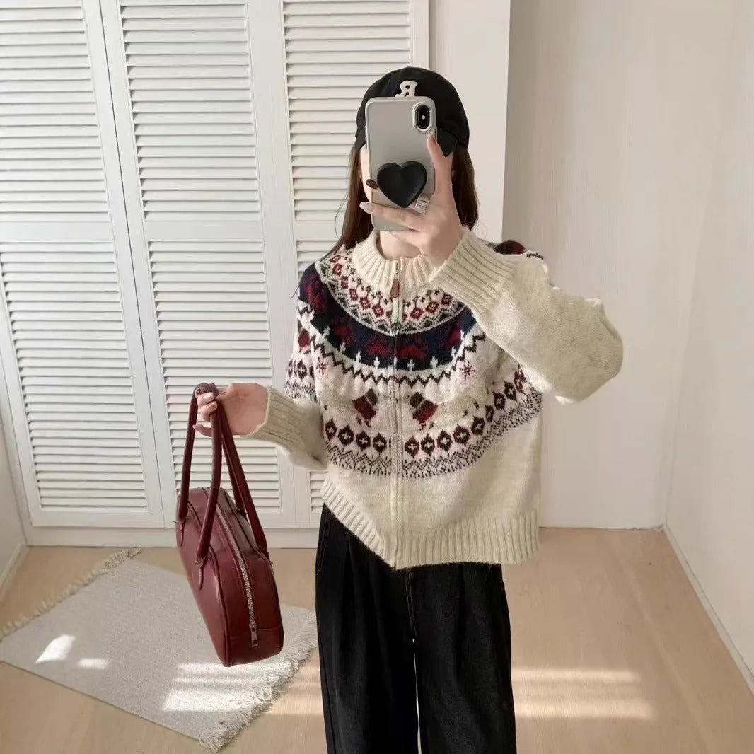 Ethnic style 3D jacquard pattern round neck pullover sweater in apricot beige colour