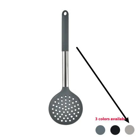 Black silicone kitchen utensil set with 12 tools stored in a rotating plastic storage bucket on a worktop.