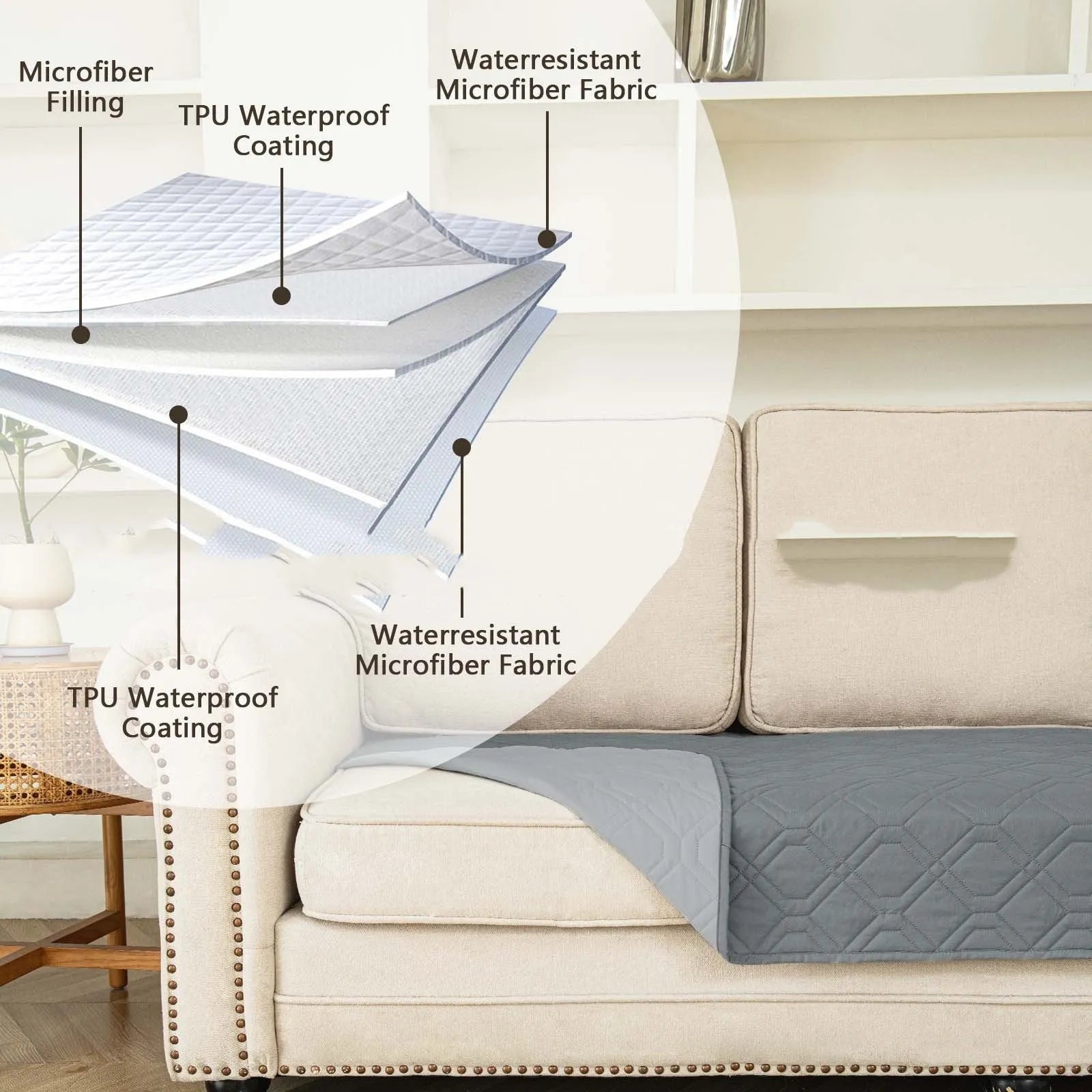Double-sided waterproof pet sofa cushion with contrast colour panels shown in dark grey and light grey
