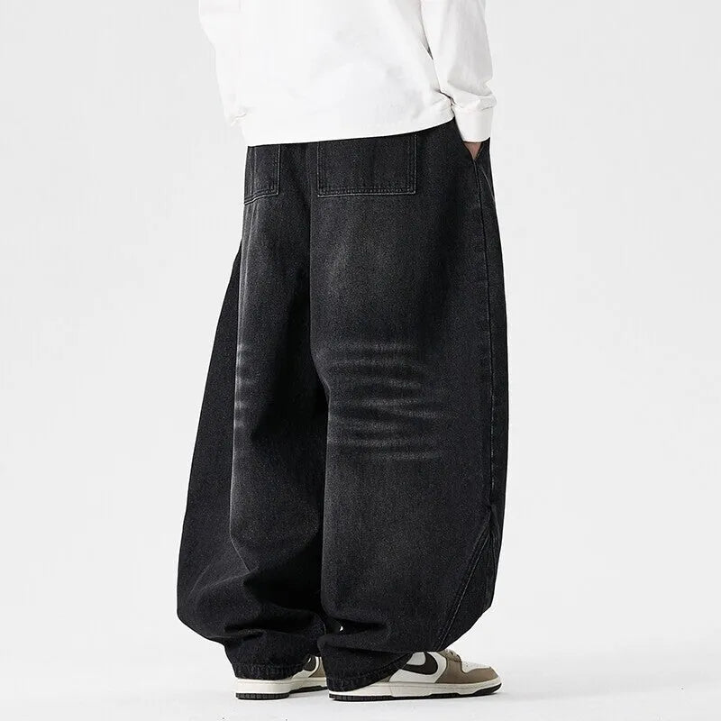 Men's plus size wide leg baggy jeans in cotton denim available in light blue, dark blue, and black colours