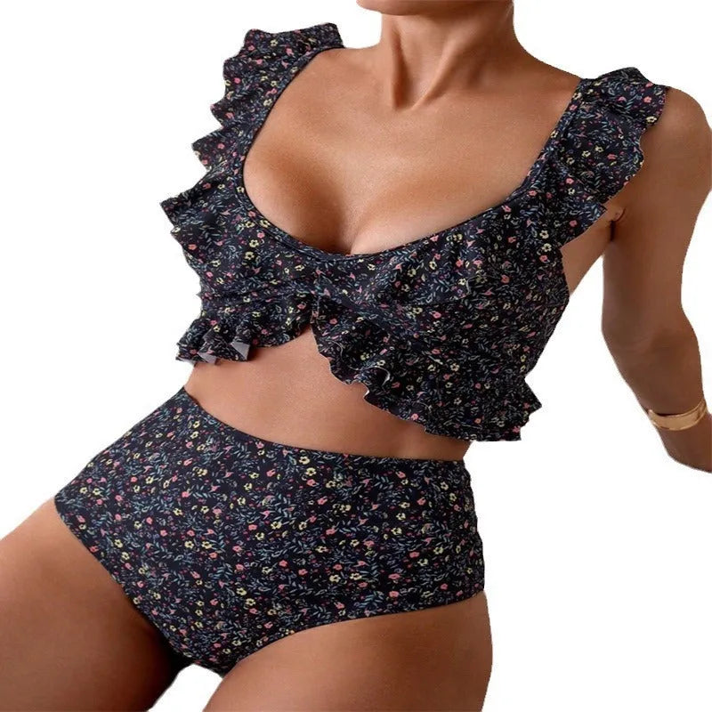 Women's floral flounce split swimsuit, backless two-piece in polyester, available in multiple colours.