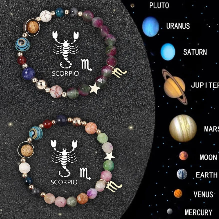 Two natural stone beaded bracelets with zodiac sign charms, showing the set of twelve astrological styles.