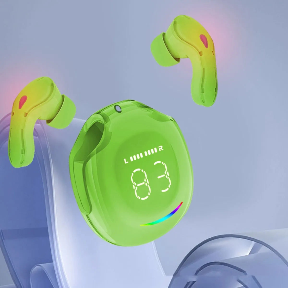 Wireless Bluetooth headset with digital display showing in black, white, light blue, dark purple, beige and emerald green colours