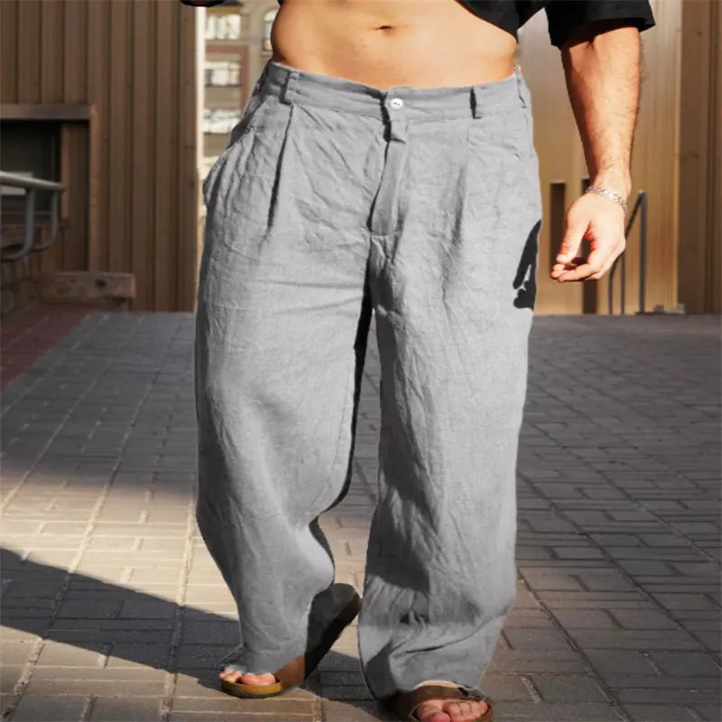 Men's linen cotton mid-waist pleated wide-leg trousers in khaki, front view