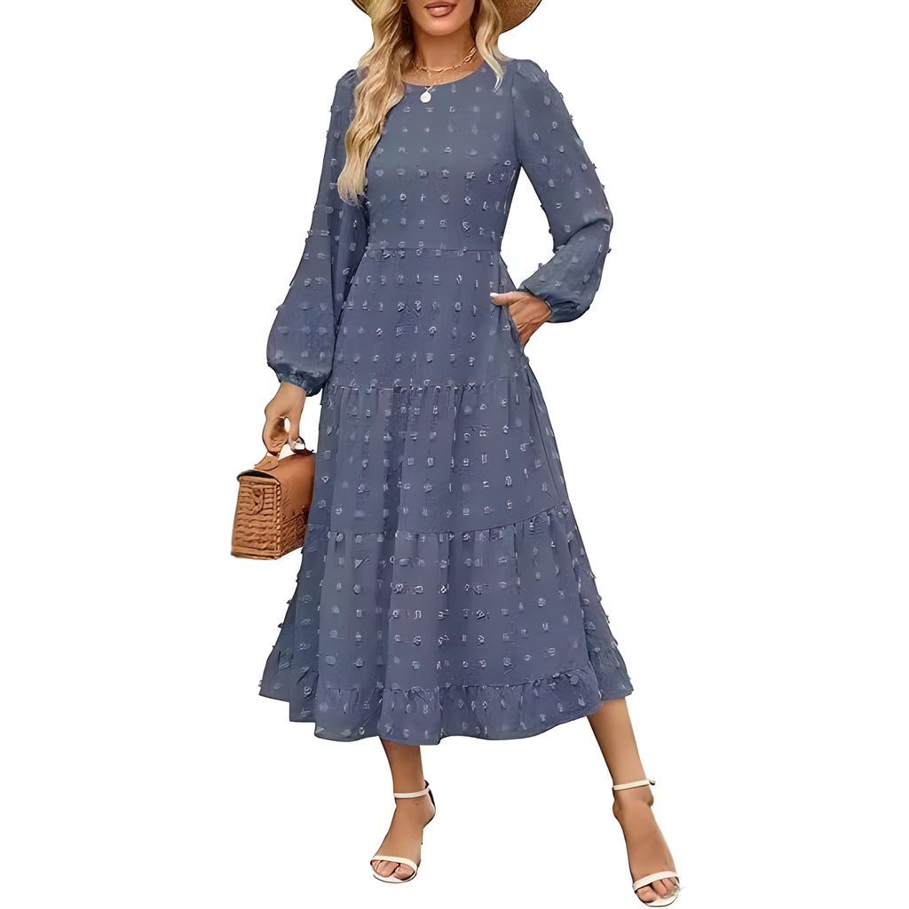 Women's beige high waist long sleeve dress with ruffled sleeves on a hanger.