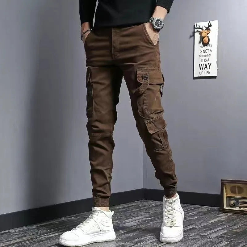 Men's slim fit elastic waist denim work pants in coffee colour, cotton fabric, nine tenths length