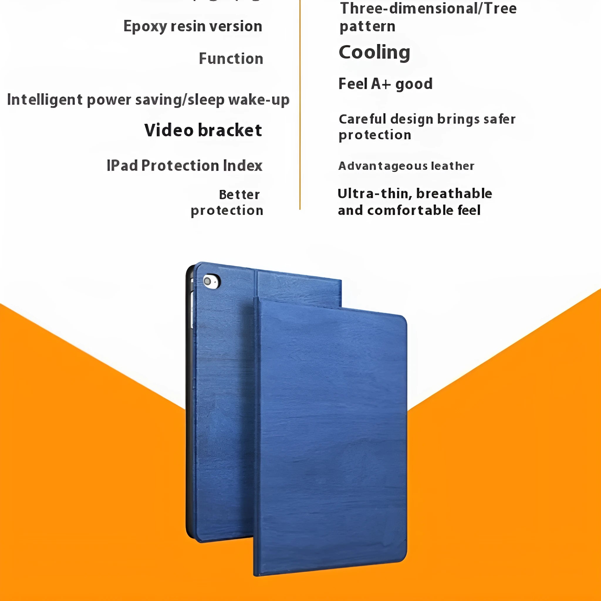 Sapphire blue imitation leather sleep bracket cover for Apple iPad models on a table.