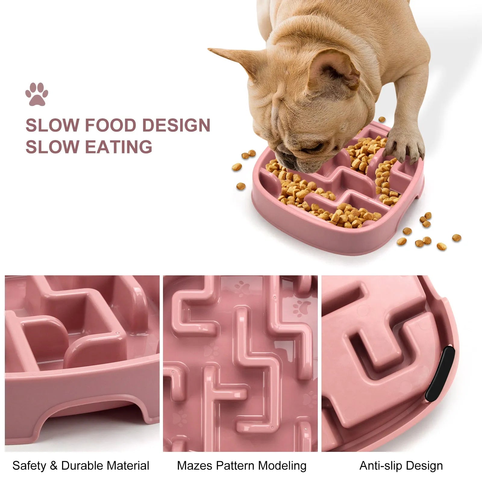 Square macaron-coloured slow feeder bowl with maze pattern for dogs and cats.