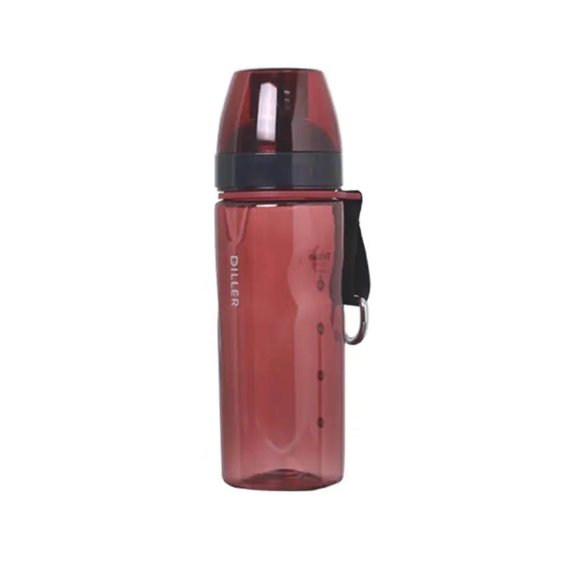 Chinese-style blue portable sports water bottle with integrated tea compartment and removable filter on a grey background.