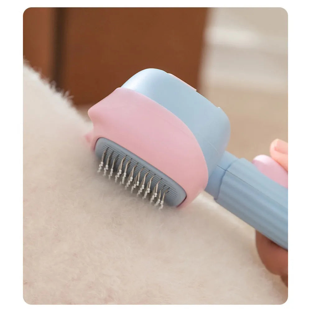Blue and green double-sided pet grooming brush with deshedding rake and dematting comb on a white background.