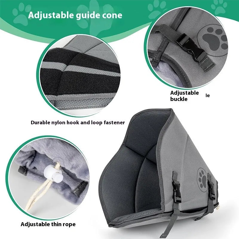 A soft, white, adjustable fabric recovery collar for pets, shown on a flat surface.