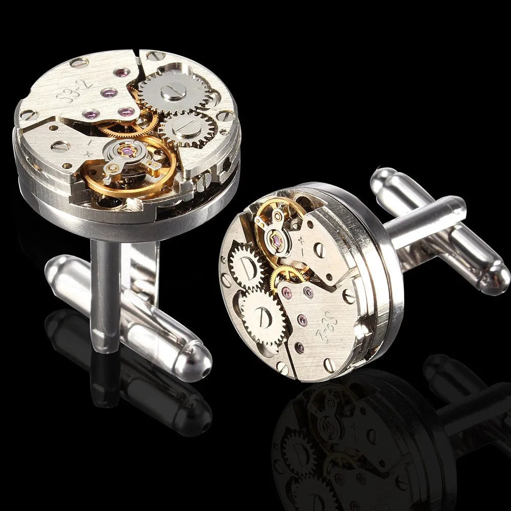 Men's silver mechanical cufflinks with copper case and stainless steel movement, geometric design, on shirt