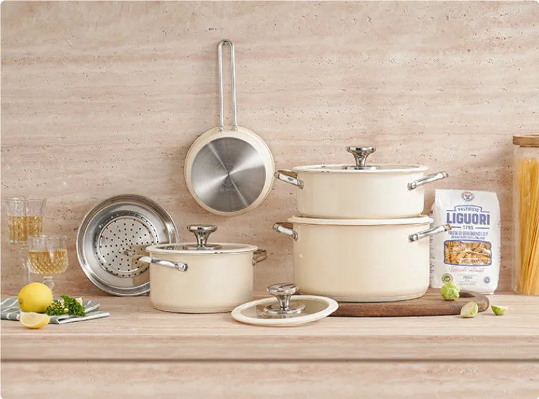 Stainless steel 304 double bottom soup pot set with beige gift box and glass covers