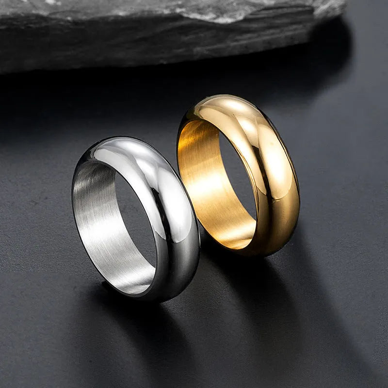 Glossy electroplated titanium steel personality ring in gold, black, or steel colour on size display