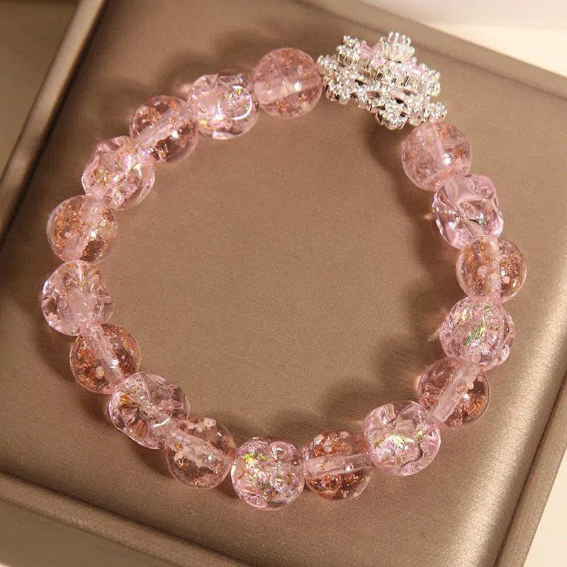 Pink colored glaze special-shaped bead bracelet with micro-inlaid snowflake design for women