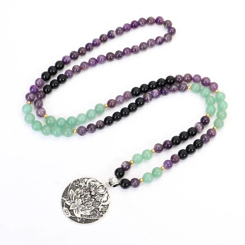 Long yoga lotus pendant necklace and matching bracelet set with adjustable length and handmade stone beads