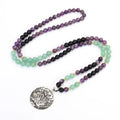 Long yoga lotus pendant necklace and matching bracelet set with adjustable length and handmade stone beads