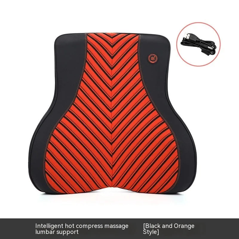 Black and red electric car massage headrest and lumbar support cushion with leather mesh fabric.