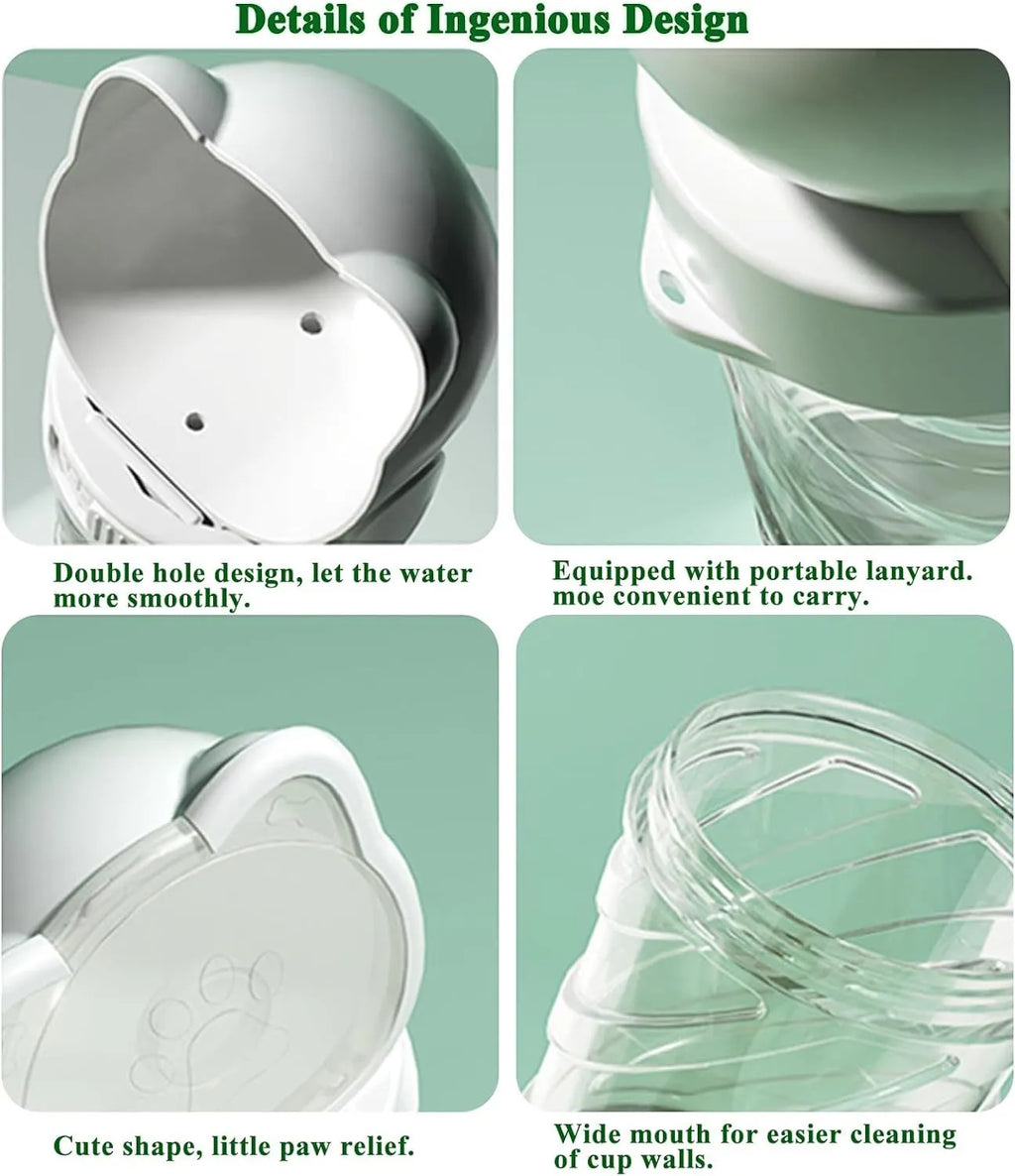 Green, pink, or white 3-in-1 portable pet water bottle with food container and bag dispenser.
