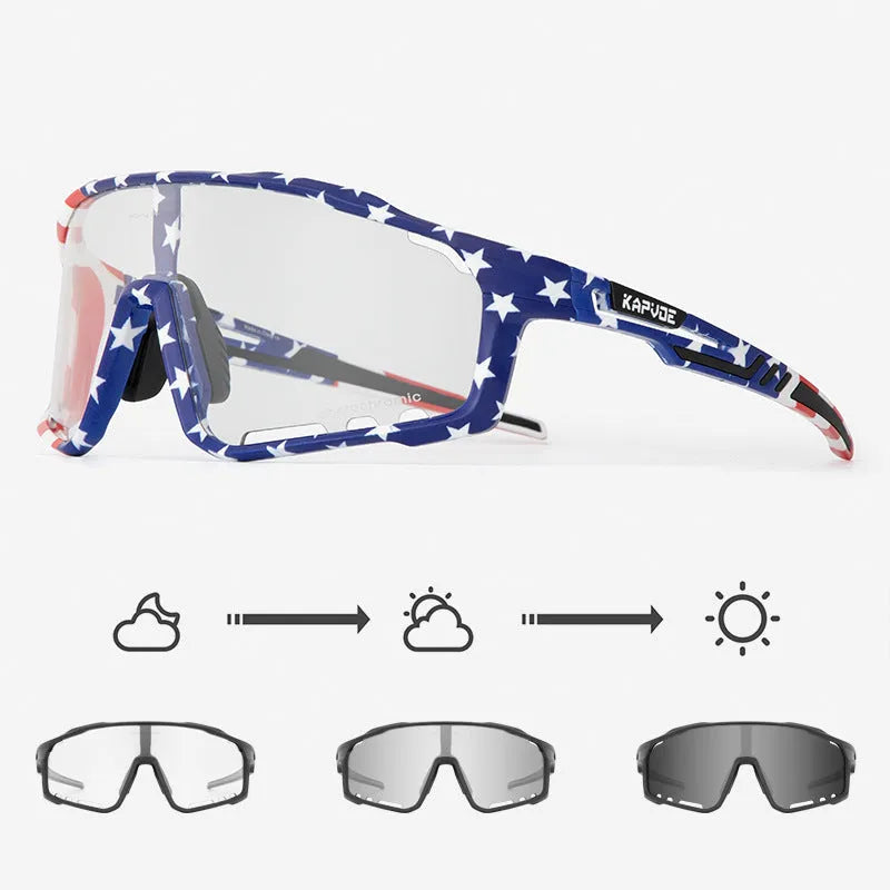 Photochromic cycling sunglasses with a TR90 semi-rimless frame in a unisex style.