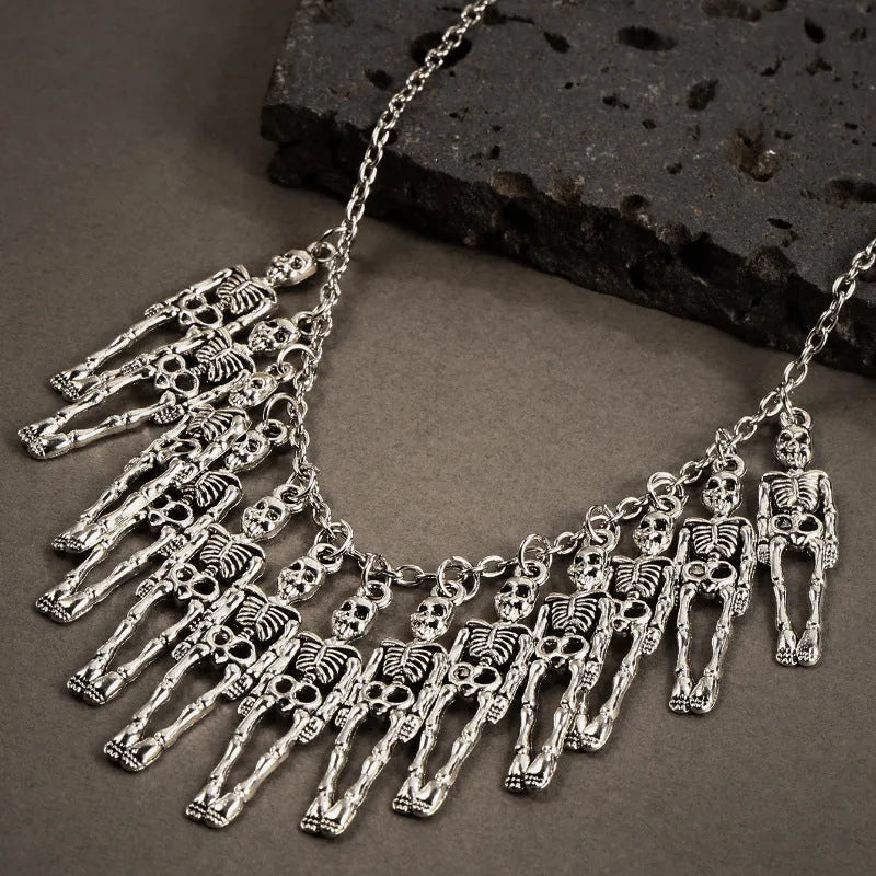 Dark style skull and ghost hand necklace and earring set in alloy with adjustable chain