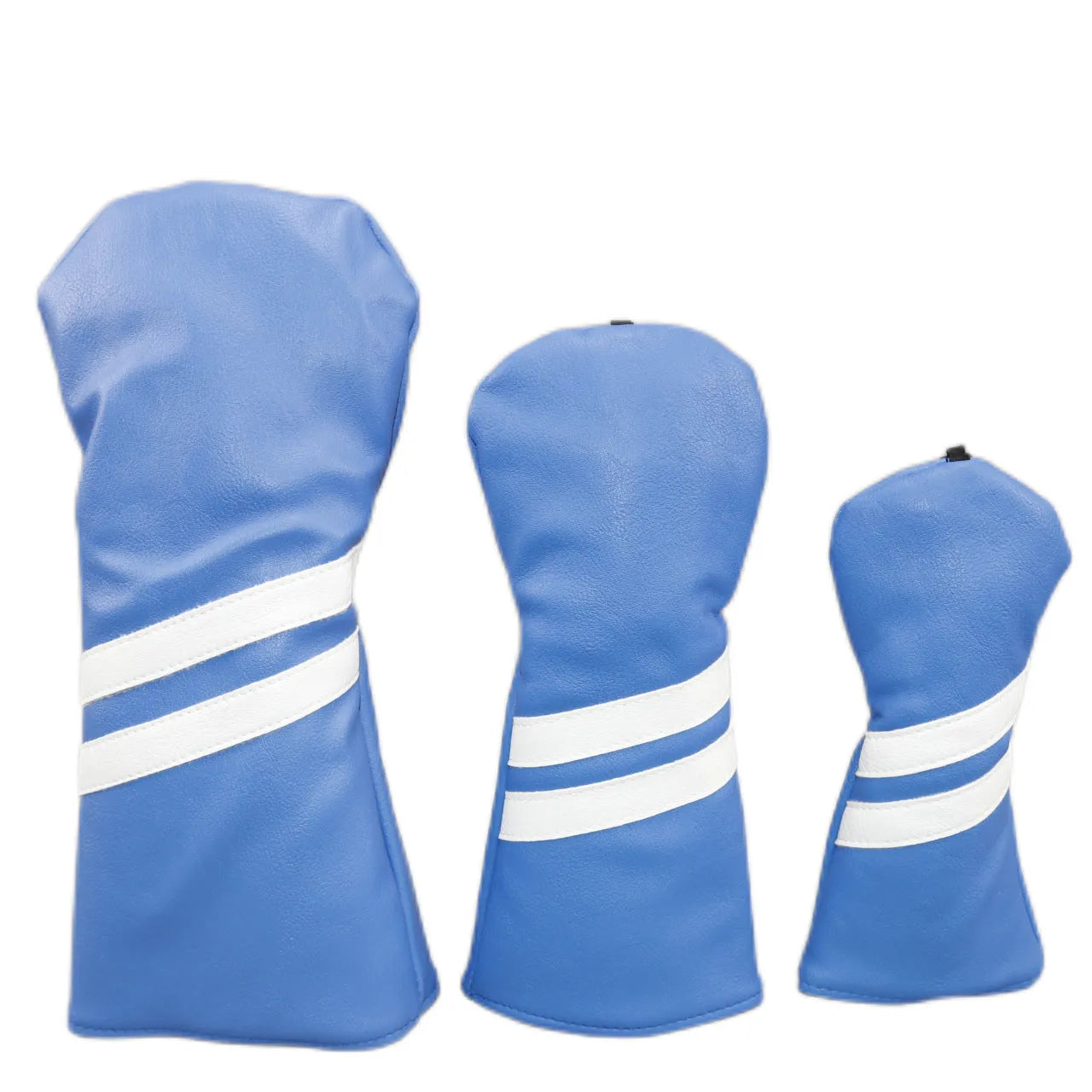 Striped golf club head cover in multiple colours showing three size options for wood rod protection