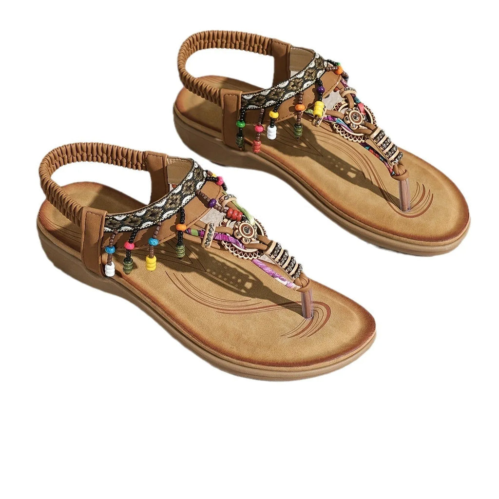 Bohemian ethnic style flat sandals with rhinestone pendant, PU upper, TPR sole, caramel black milky white, sizes 36-43