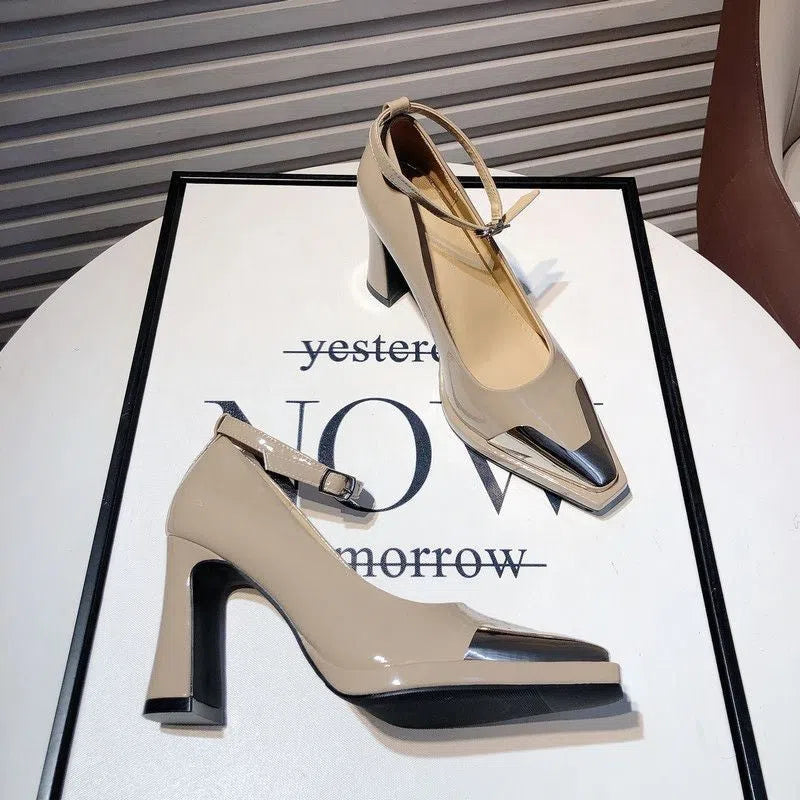 Women's chunky-heel peep-toe heels in apricot with single strap buckle, PU upper, and rubber outsole