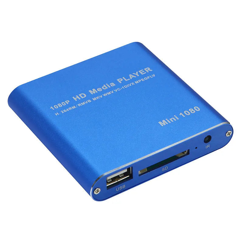 Blue or black 1080p HD media player with SD card and USB ports for video playback