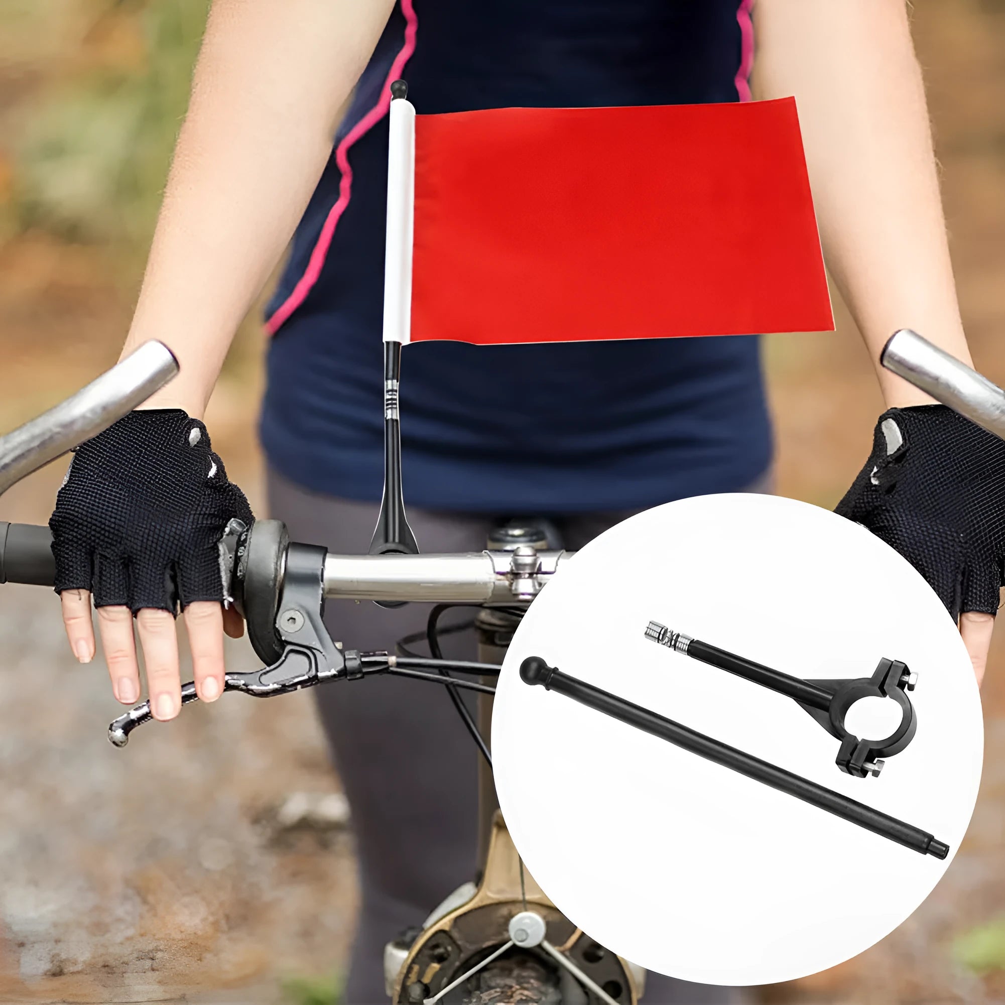 A square polyester flag on a plastic pole, designed for attachment to a bicycle handlebar.