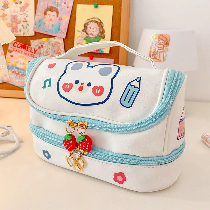 Girls multi-layer PU pencil bag 21cm long animal pattern blue with DIY stickers