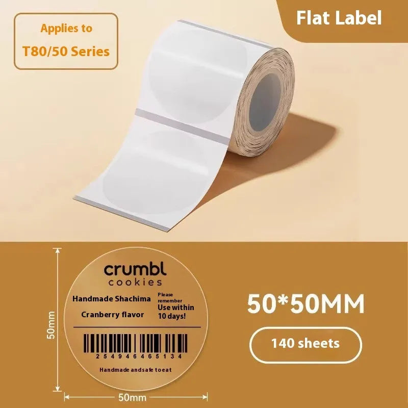 Transparent waterproof adhesive labels in various rectangular and circular sizes on thermal synthetic paper