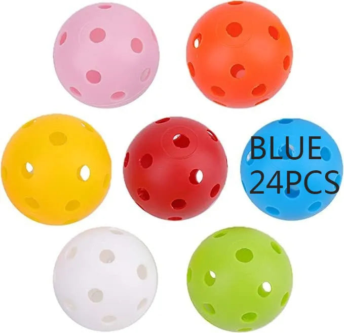 Six multi-coloured golf practice balls in red, orange, blue, green, white, and yellow, shown in a net bag.