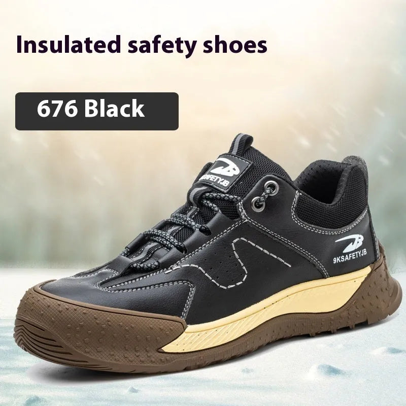 Flyknit leather safety work shoe with rubber sole, shown in black colour.