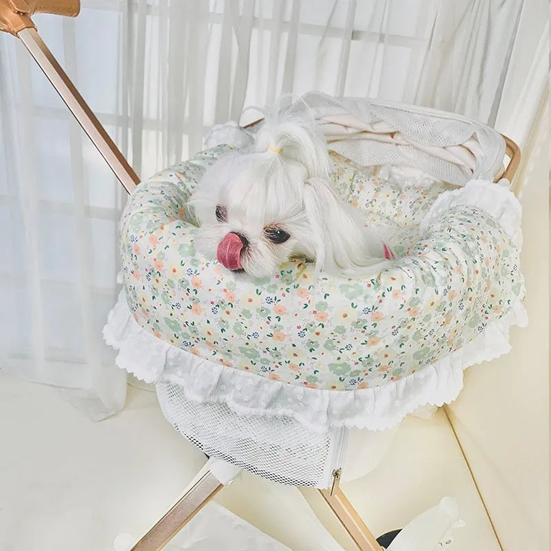 Pure cotton pet stroller accessory set showing anti-dirty towel, cushion, and pillow in a blue green apple pattern.