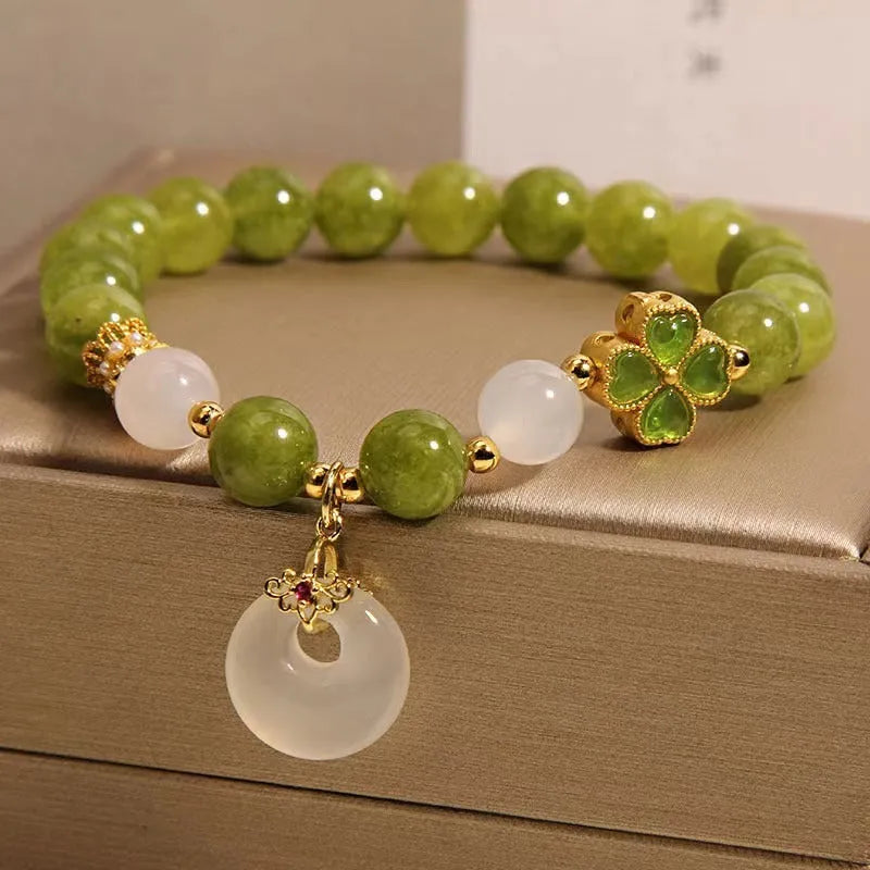 Women's green tourmaline bracelet with four-leaf clover charm and safety buckle in new Chinese style
