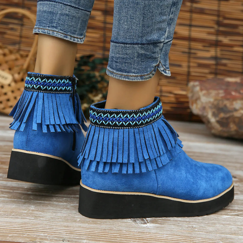 Women's black suede wedge ankle boots with side zipper and tassel detail