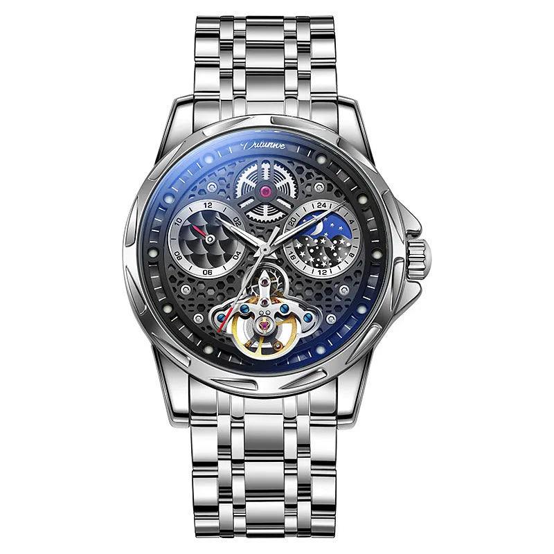 Men's automatic watch with luminous hands on stainless steel bracelet and leather strap options
