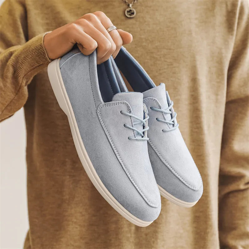 Men's suede slip-on loafers with elastic band, mesh lining, rubber vulcanized sole, low flat heel, solid colour, sizes 39-45