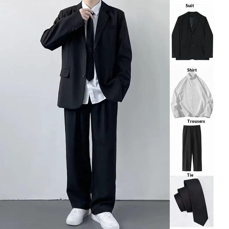 Men's plus size college style suit set with jacket, trousers, white shirt, and tie in polyester fabric